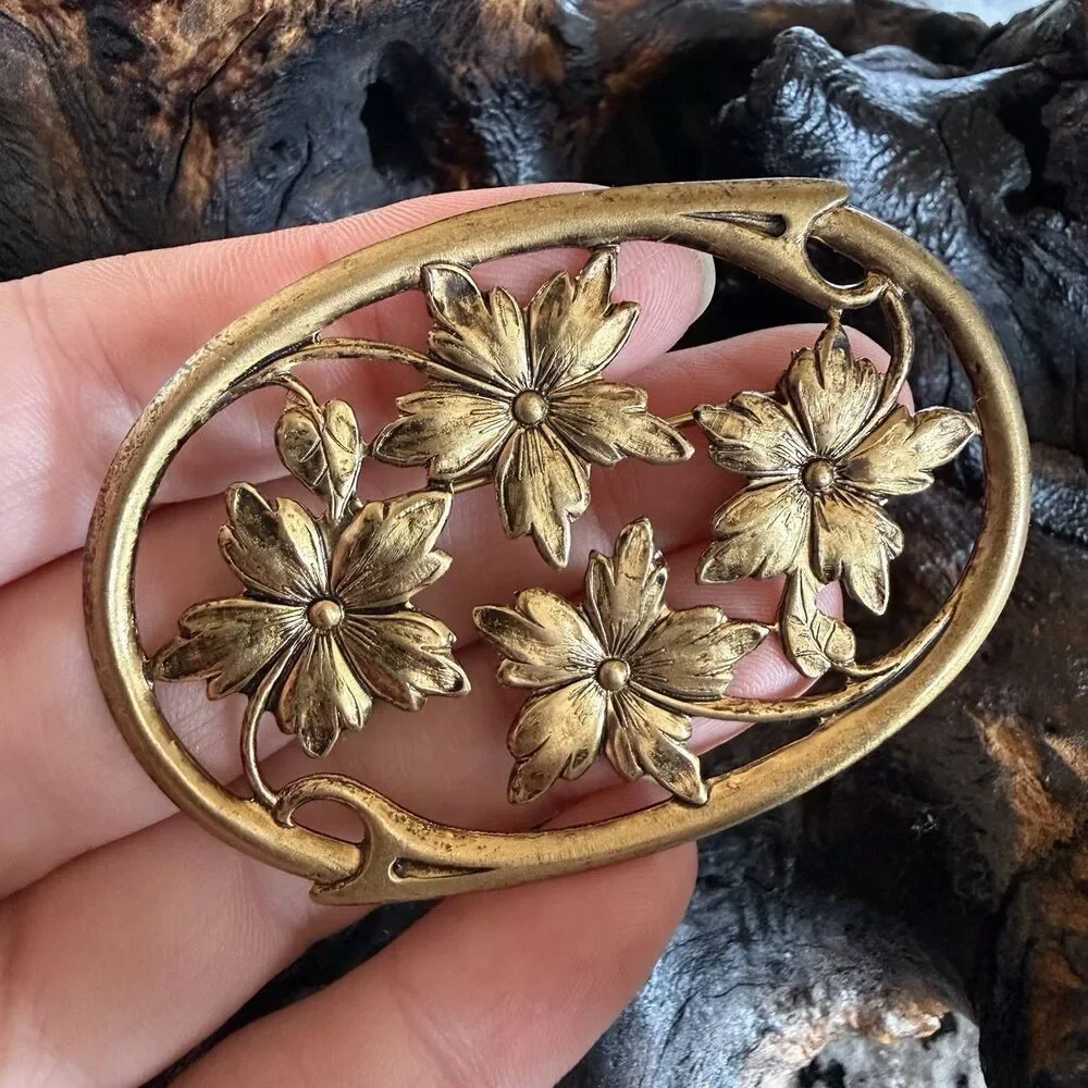 Art Nouveau Style Floral Oval Brooch Pin Antiqued Gold Tone Finish Statement